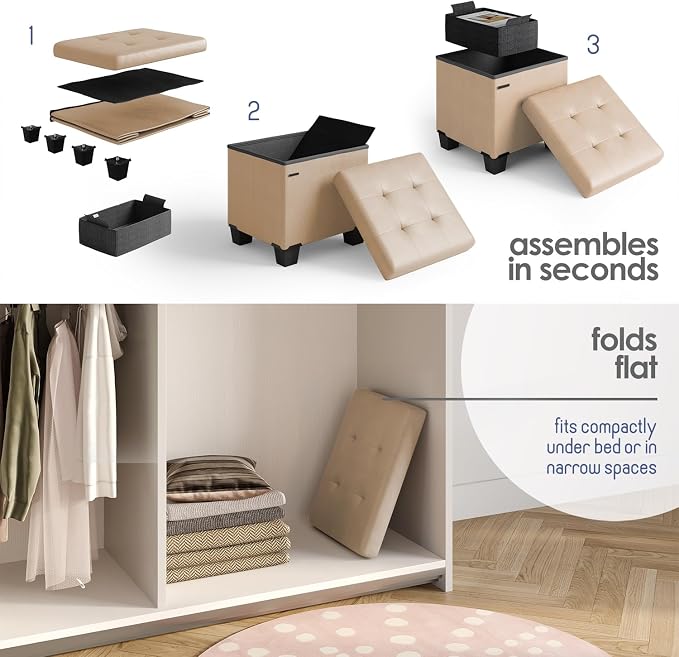 Storage Ottoman Cube with Small Bin, 15-in Square Ottoman with Storage for Living Room and Bedroom, Small Ottomans Foot Rest, Leather Foot Stools Ottomans Max 330lbs, Taupe - Image 9