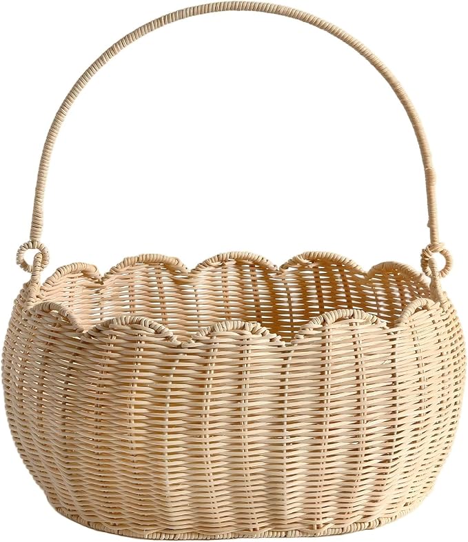 Scalloped Round Basket with Handle, Super Sturdy Wicker Storage Baskets, Hand Woven Basket for Shelves,Natural Baskets for Organizing (White Rattan 12.6"*9"*6.1") by Unknown