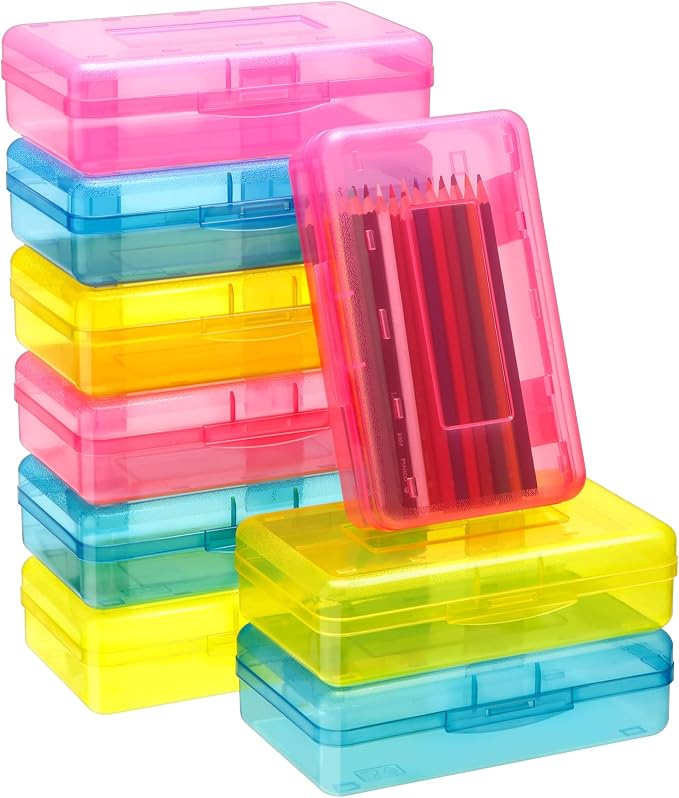 Leelosp 12 Pack Pencil Boxes Bulk, Large Plastic Case,Pink Yellow Blue | Stackable Hard Storage Box with Snap Lid for School Classroom, Desk Drawer Organizer, Crayons Markers Kids Supplies by Leelosp