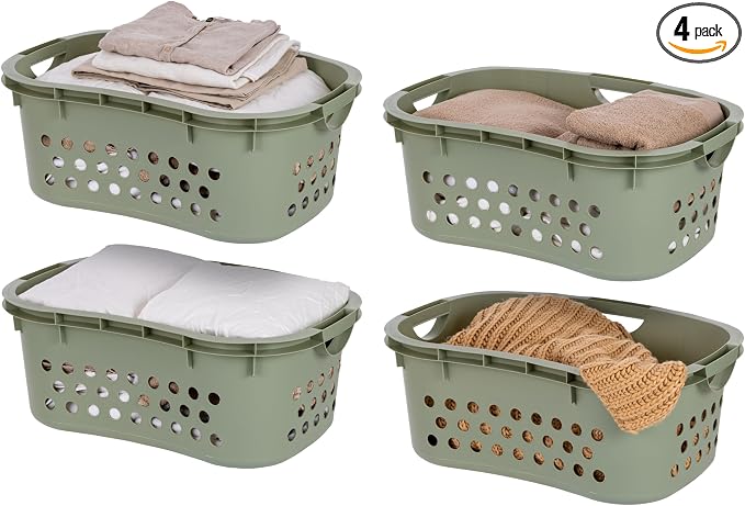 IRIS USA Laundry Basket, 51L Plastic Hip Hold Hamper, 4 Pack, Sage Green | Lightweight ventilated laundry basket with hip-hold handles for everyday clothes, towels, and bedding. by IRISUSA