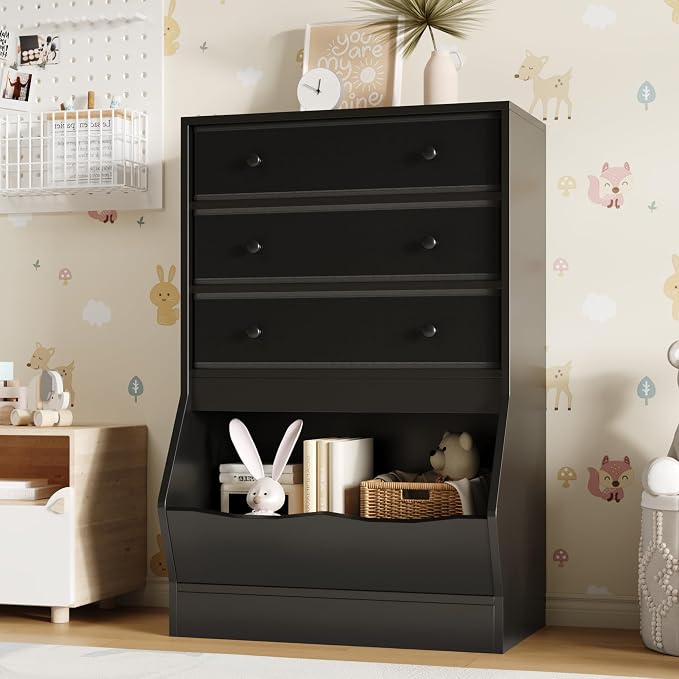MHOM Toy Storage Organizer with Open Cube, Kids Bookshelf and Toy Storage with PU & Non-Woven Fabric Drawers, Small Book Shelf for Kids Rooms, Playroom and Nursery, Black - Image 4