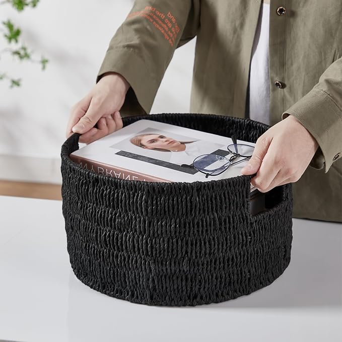 Wicker Storage Basket, Hand-Woven Paper Rope Large Round Woven Basket With Handles, Wicker Baskets for Organizing/Storage, Black, 3-Pack - Image 3