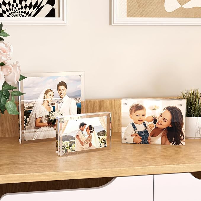 Egofine 5x5 Acrylic Frames 3 Pack, 20mm Thicker Frameless Clear Picture Frames, Double Sided Magnetic Picture Frames, Free Standing Desktop Display - Image 5