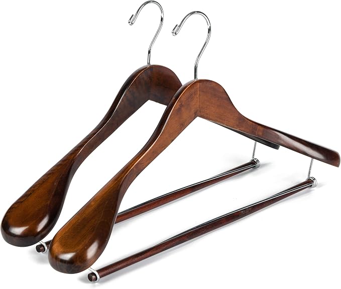 Luxury Wide Shoulder Wooden Hangers 2 Pack, with Locking Bar, Smooth Retro Finish Wood Suit Hanger Coat Hanger for Closet, Holds Up to 20lbs, 360° Swivel Hook, for Jacket, Dress Heavy Clothes Hangers by QualityHangers