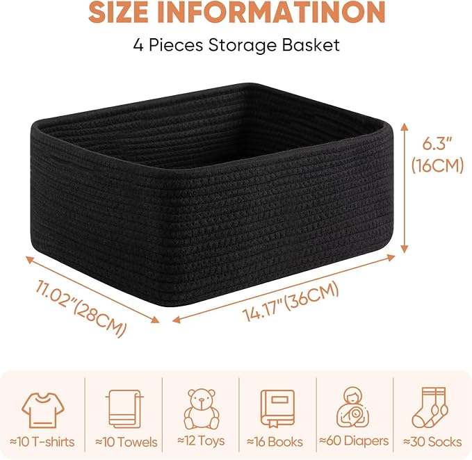 OIAHOMY 4 Pack 14.17 * 11.02 * 6.3IN Storage Baskets for Organizing Shelves, Woven Rope Baskets for Organizing Books, Clothes, Decorative Basket for Living Room, Nursery, Bedroom, Gift Basket, Black - Image 2