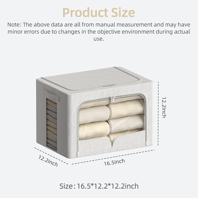 FHSQX 3 Pack Clothes Storage Bins - Foldable Metal Frame Storage Box - Stackable Linen Fabric Container Organizer Set with Carrying Handles and Clear Window (Cream White, 16.5x12.2x12.2inch(40L)) - Image 4