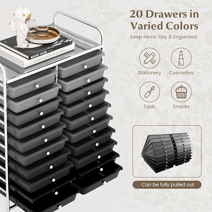 RELAX4LIFE 20 Drawer Rolling Storage Cart, Mobile Rolling Cart w/Drawers for School Classroom Teacher Office Home Salon, Paper File Art Supply Craft Organizer, Utility Cart on Wheels (Gradient Grey) - Image 4