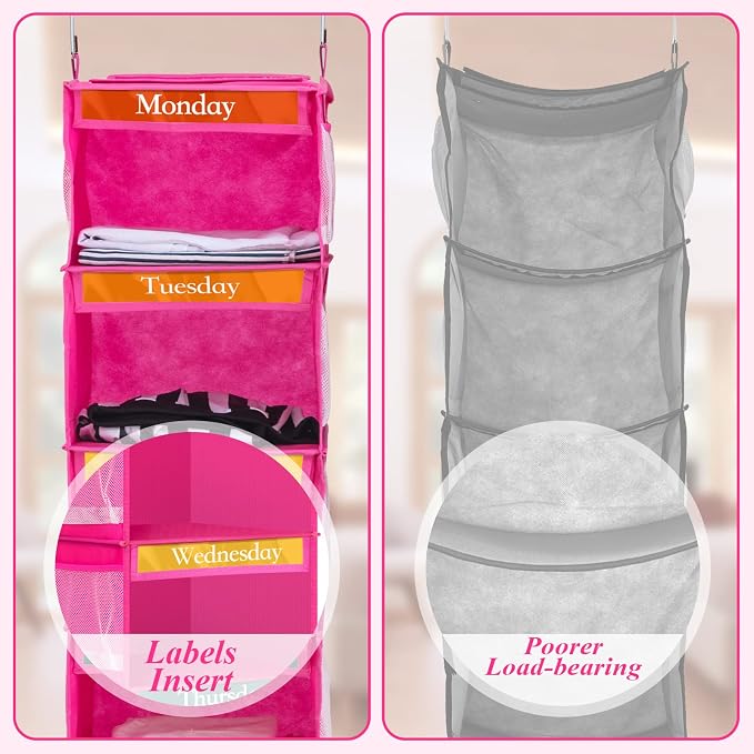 2 Pcs 6 Shelf Hanging Weekly Clothes Organizer for Kid,Rose Red | Closet Organization, Hanging Closet Shelves with Side Pockets, Labeled Shelves with Days of The Week Monday Through Weekend - Image 5