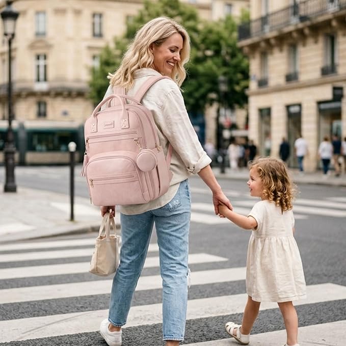ROSEGIN Premium Vegan Leather Diaper Bag Backpack with Waterproof Changing Pad, Reinforced Zippers & Odor-Free, 20 Pockets Pro Organizer, Fits 15.6" Laptop, Stroller Straps, Baby Bag for Mom, Pink - Image 2