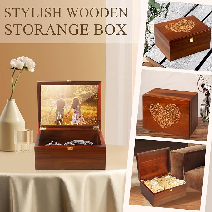 Large Wooden Keepsake Box with Hinged Lid and Photo Frame - Elegant Wedding Memory Box, Ideal for Photos, Letters, Time Capsules, Bride Gift, Decorative Storage，5.5“*8.6”*11.3“ - Image 7