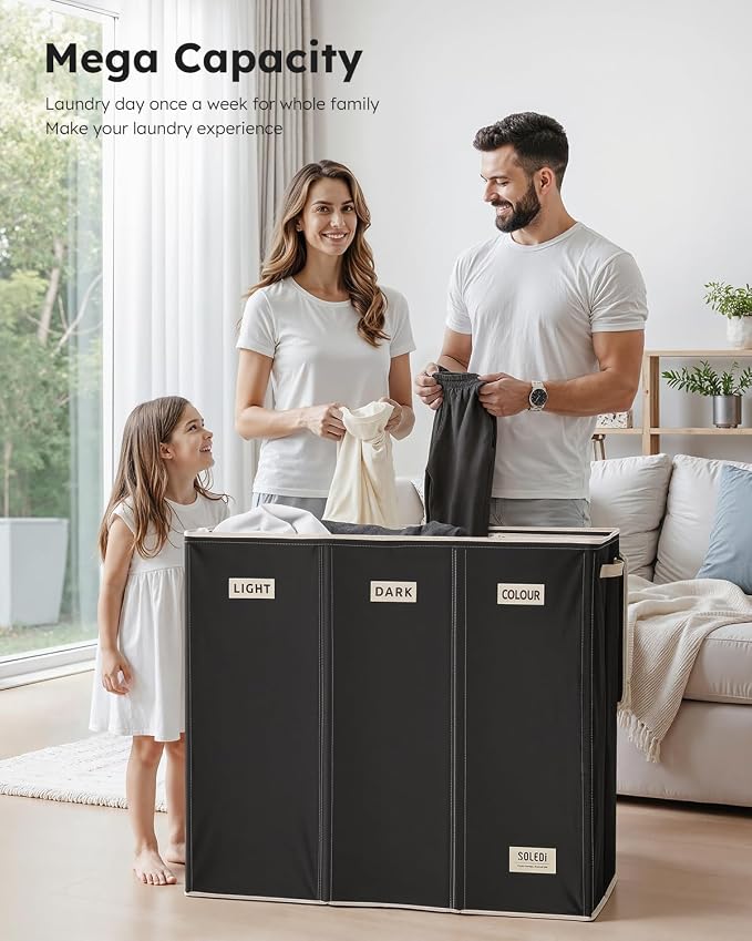 SOLEDI 200L 3-Section Laundry Hamper with Lid, Extra Large Dirty Clothes Basket with Sturdy Handles for Laundry Room & Bedroom - Durable Organizer for Sorting Laundry - Image 4