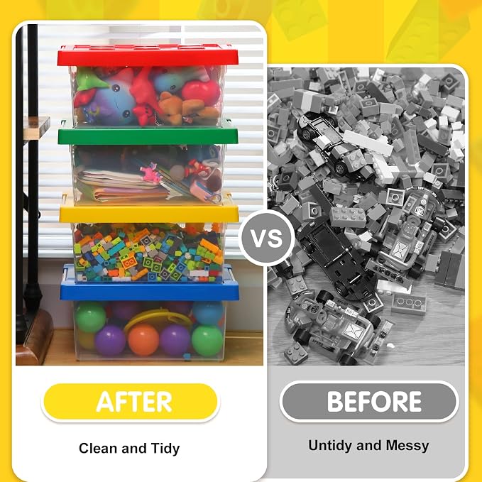 4 Pack Toy Storage Containers with Lids Brick Shaped Kids Toy Organizer Box Plastic Clear Stackable Bin Chest for Building Block Dolls(Large,Red, Yellow, Blue, Green) - Image 6