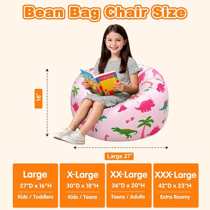 Lukeight Dinosaur Bean Bag Chair for Kids and Teens, Memory Foam Filled Floor Lounger, Washable Velvet Cover with Inner Liner, Beanbag Chair with Filling for Gaming and Reading, Large 27" D x 16" H - Image 2