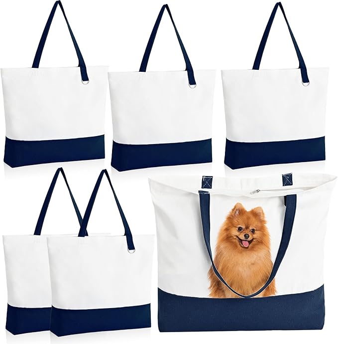 6-Pack Canvas Tote Bags with Zipper, Large Grocery Tote, Navy Blue | Reusable, washable, inner pocket, flat bottom, sturdy handle, for sublimation DIY/transfer, travel/beach/gift/Christmas craft by HWJH