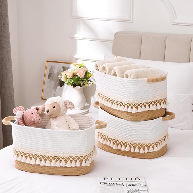2 Pack Storage Basket for Shelves, Boho Cotton Rope Storage Bins with Heavy Tassel, Shelf Baskets Large Woven Baskets for Organizing, Cube Organizer Bins, Baby Laundry Basket for Clothes, Toys, Pets - Image 2