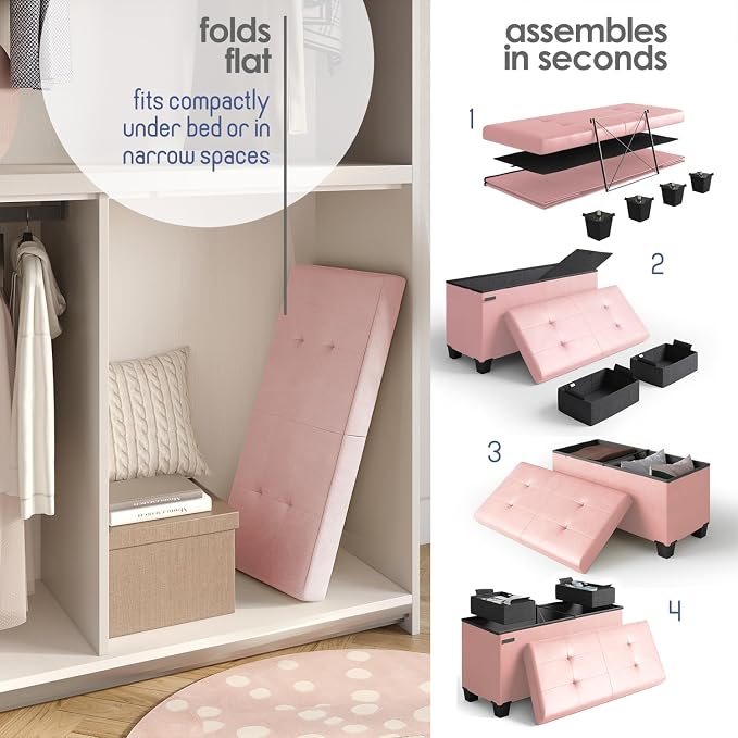 Storage Ottoman Bench with Bins, 30-in Storage Bench for Bedroom End of Bed, Folding Foot Rest Ottoman for Living Room Max 660lbs, Leather Ottomans, Pink - Image 6
