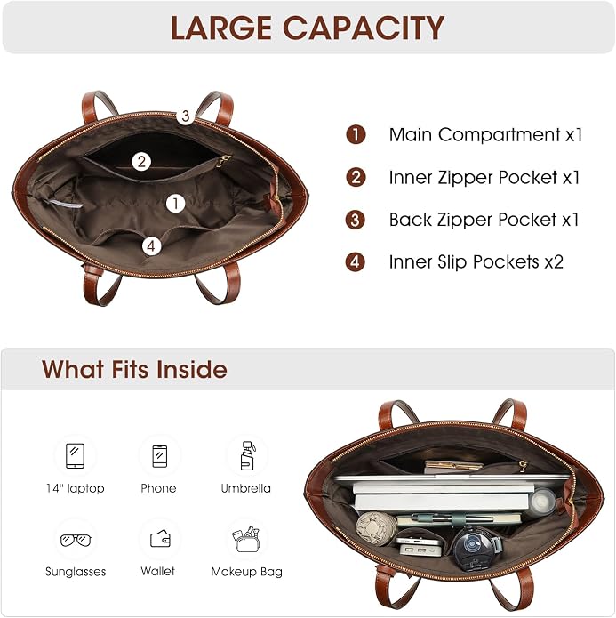 Kattee Vintage Genuine Leather Work Tote for Women | Spacious interior with a zip compartment for organized work, travel, and everyday essentials. - Image 6