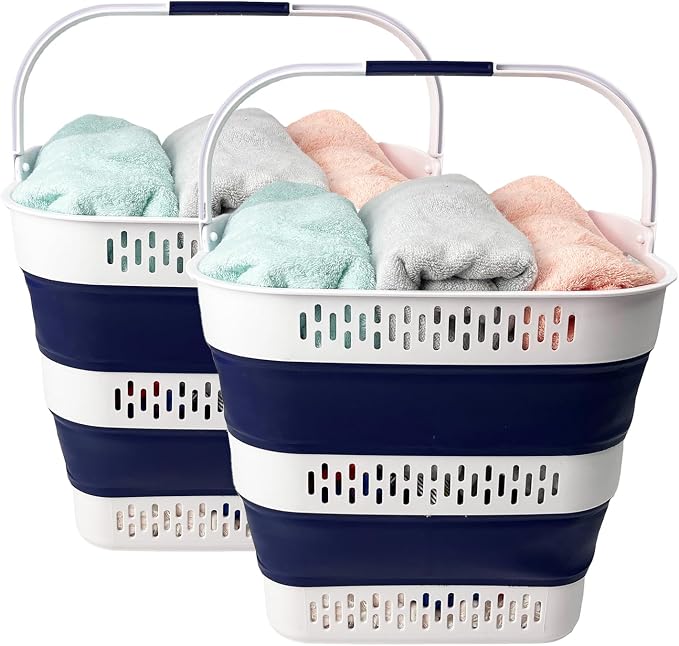 SAMMART 38L (10 Gallon) Collapsible Plastic Laundry Basket - Portable Pop-Up Storage Container/Organizer – Foldable Space Saving Laundry Hamper (2, White/Starry Blue) by SAMMART