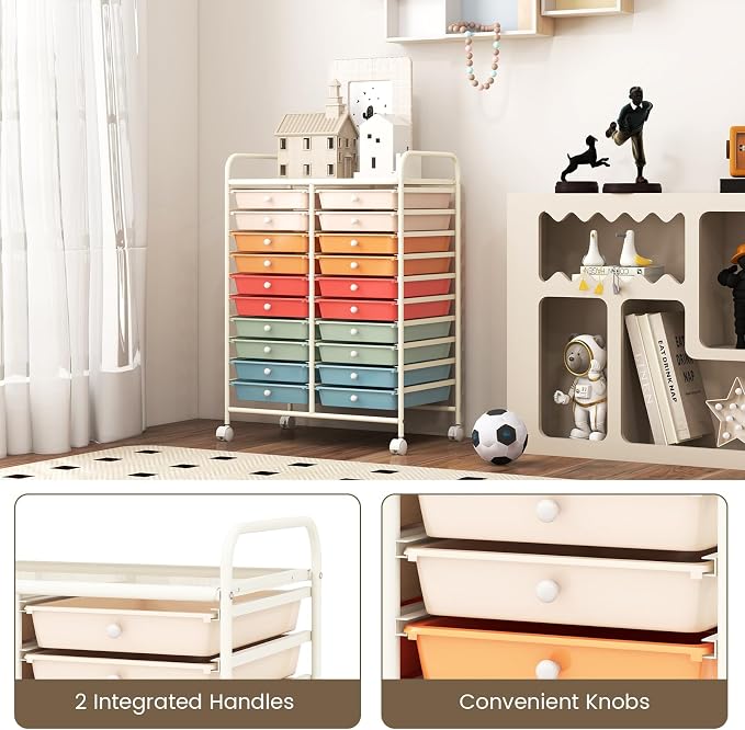 RELAX4LIFE 20 Drawer Rolling Storage Cart, Mobile Rolling Cart w/Drawers for School Classroom Teacher Office Home Salon, Paper File Art Supply Craft Organizer, Utility Cart on Wheels (Macaron) - Image 6