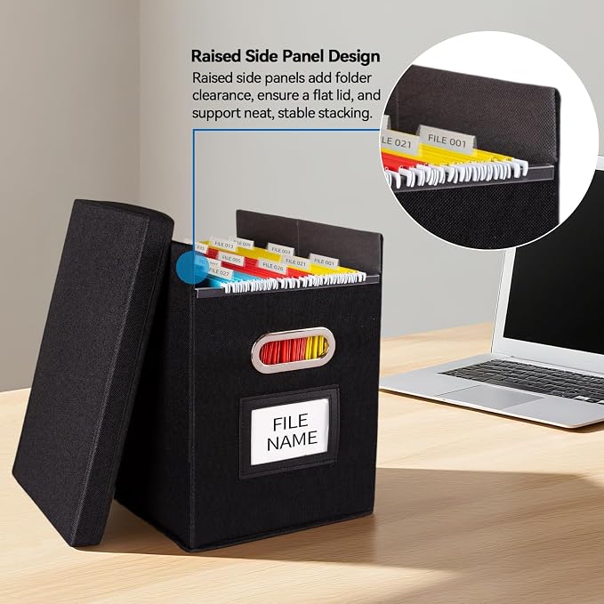 4 Pack Hanging File Folders Organizer with Lid, Letter Size Fabric File Storage Box Collapsible, Portable Office Document Holder with Metal Handle, Smooth PVC Rails, Black - Image 4