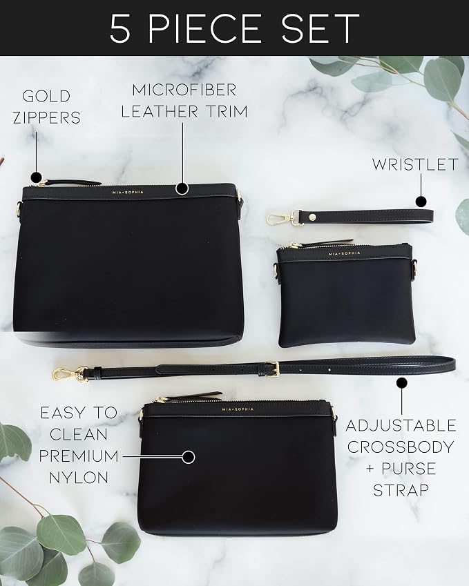 MIA + SOPHIA Diaper Bag Organizing Pouches 5 Piece Set - Baby Diaper Clutch, Crossbody Bag, Travel Diaper Bag Organizer Pouches - Black - Image 2