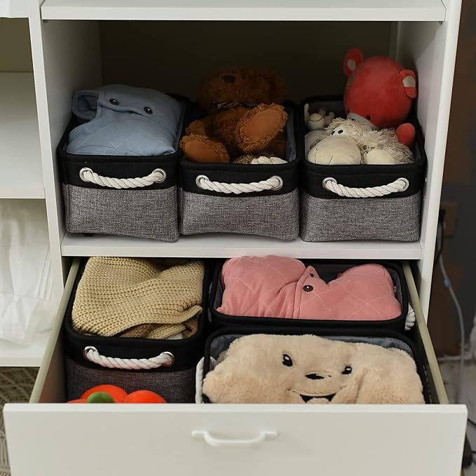 Storage Basket for Organizing - 12x8x5.2 inch Small 6 Pack Collapsible Storage Bin for Shelves with Rope, Fabric Storage Cubes for Cloth Gift Toy Decorative Organizer (Black & Grey) - Image 3