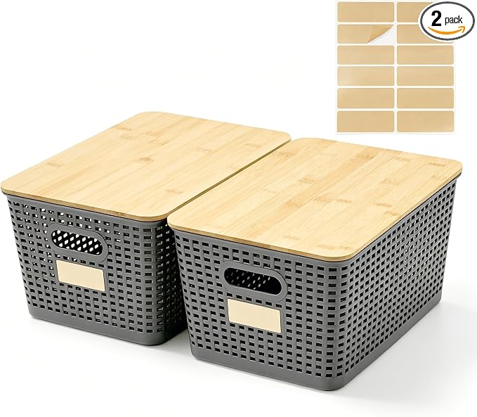 2 Pack Tall Plastic Storage Bins with Bamboo Lids, 10.8qt Stackable Storages Baskets for Organizing Desktop Closet Playroom Classroom Office, 12"L x 8.3"W x 6.1"H, Gray by Bagnizer