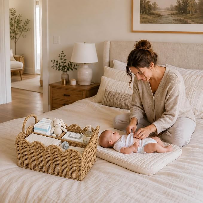 Diaper Caddy Organizer, Paper Rope Storage Baskets Nursery Bin with Removable Divider, Woven Scalloped Portable Car Organizer for Diapers, Baby Shower Gifts, Newborn Essentials Must Haves - Image 6