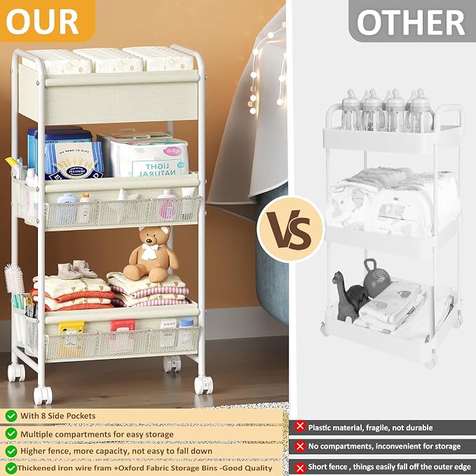 3-Tier Baby Diaper Caddy Cart Organizer,Mobile Nursery Storage Carts with Wheels,With 2 Dividers&14 Mesh Pockets Durable Metal Utility Cart for Nursery, Bedroom, Bathroom, Baby Essentials Organization - Image 5