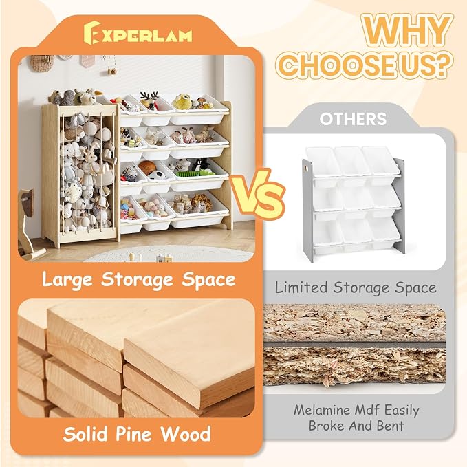 EXPERLAM Kids Toy Storage Organizer, 2-in-1 Stuffed Animal Storage & Toy Organizer w/12 Bins, Solid Wood Toy Rack Featuring Thicker Elastic Ropes to Hold Toys, Playroom Nursery Bedroom Storage, White - Image 6