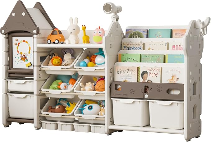Kids Toy Storage Organizer with Bookshelf, 14-Bin Playroom Organizer and Bookcase, HDPE Toddler Storage Shelf with Drawing Board, for Nursery, Bedroom and Playroom (Brown) by UNICOO