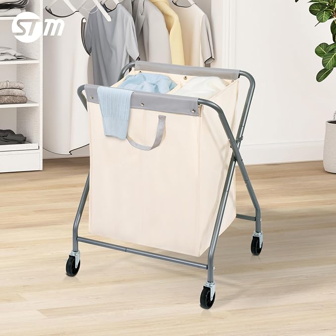 STORAGE MANIAC 125L Collapsible Laundry Hamper with Wheels, Rolling Laundry Basket, Heavy Duty Cloth Sorter with Removable Bag, Folding X Frame Clothes Organizer Cart for Easy to Store, 2 Section - Image 6