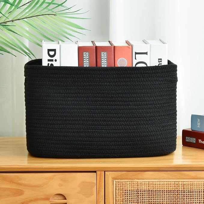 Issudata Storage Basket, Woven and Cotton Rope Baskets for Organizing, Decorative Book, Towel, Toy Baskets or Storage Bins for Living Room - 3 Pack, Black - Image 4