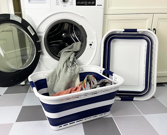 SAMMART 42L (11 Gallons) Collapsible Plastic Laundry Basket - Foldable Pop Up Storage Container/Organizer - Portable Washing Tub - Space Saving Hamper/Basket [BPA Free] (White/Starry Blue (Set of 2)) - Image 2