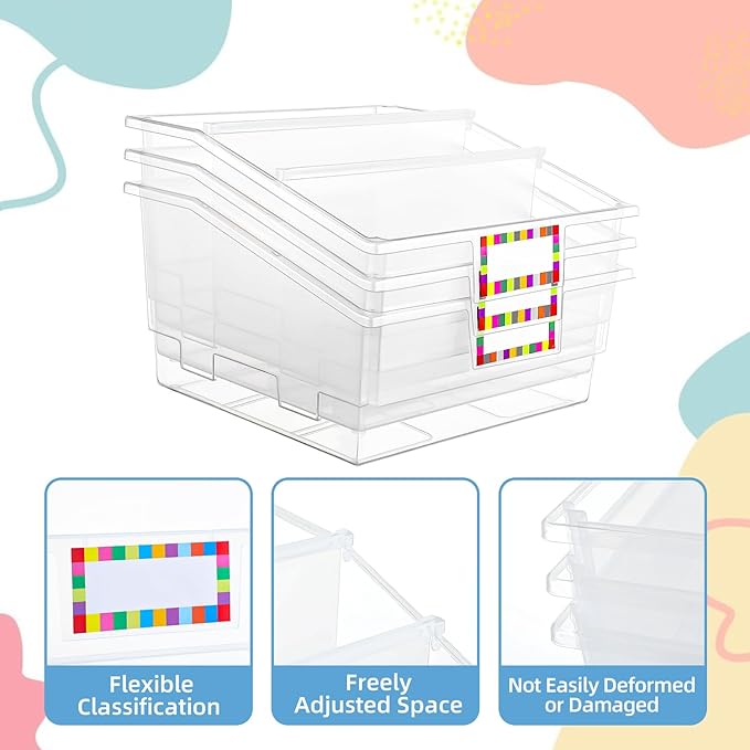 Lineshading 6 Pack Picture Book Organizer Bins with Dividers Large Plastic Book Holders with Labels Multi Purpose Classroom Organization Bins Storage Container(Clear,13.5 " X 13.5 " X 7.75") - Image 3