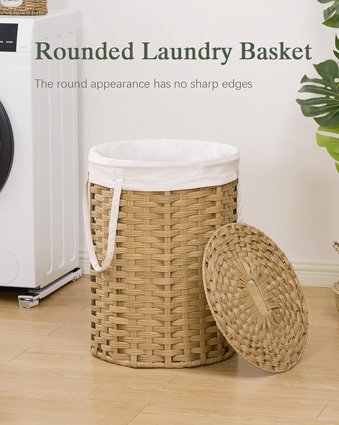 SETVSON Laundry Hamper with Lid Laundry Basket with Lid 72L, Natural | 19 Gal Round PE Rattan Hamper with Lid, Removable Washable Liner Bag, 2 Mesh Wash Bags, Steel Frame, Handles - Image 2