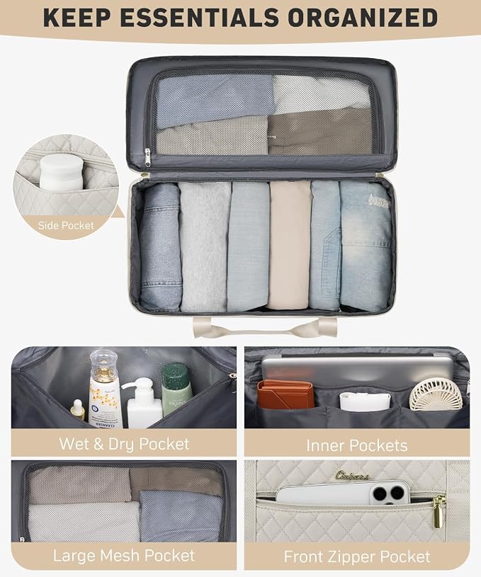 Weekender Bags for Women, Wide Open Large Travel Duffle Bag with Shoe Compartment, Overnight Hospital Bag For Women Labor Delivery, Carry on Bag Personal Item Travel Bag with Wet Pocket (Beige) - Image 2
