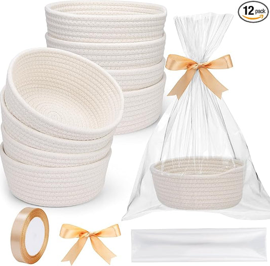 12 Pack Small Woven Storage Basket with Gift Bag and Ribbon for Organizing Woven Natural Cotton Rope Bin Round Boho Empty Decorative Gift Chest Basket Box for Bathroom, Closet, Shelf Organizer (Green) by Unknown