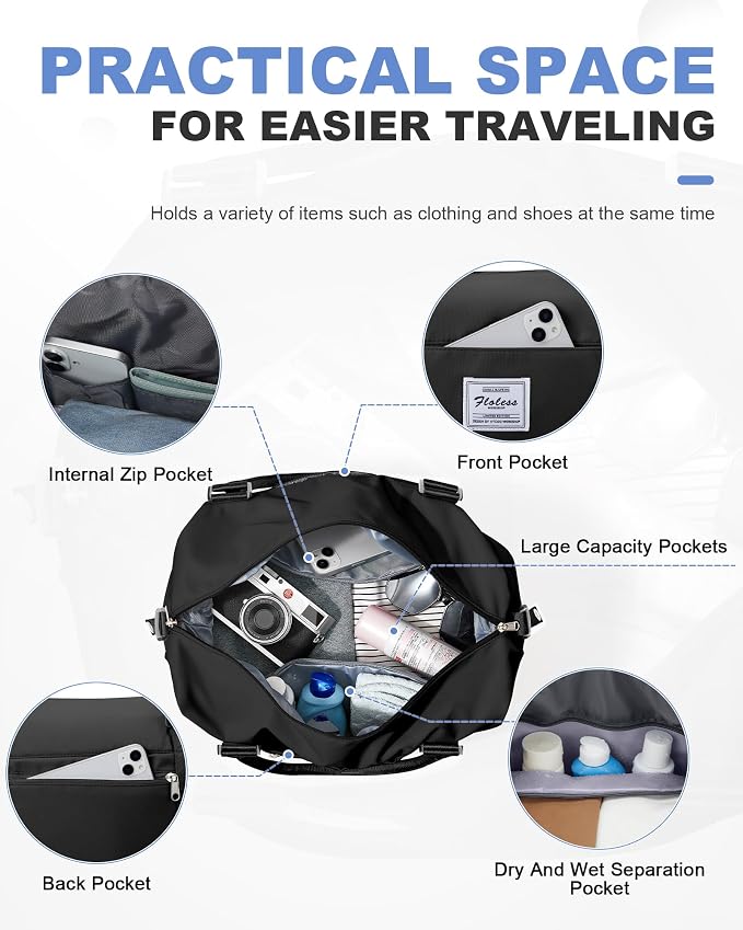 Travel Duffel Weekender Bag Women Tote Carry On Bags With Shoe Compartment | 18x14x8 inches Travel Overnight Bags with Trolley Sleeve for Airplanes Sport Tote Gym for Men Lightweight Daypack Black - Image 3