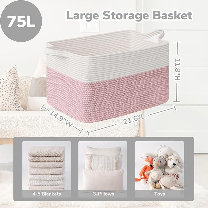 Goodpick Large Woven Rope Blanket Basket, Rectangle, White & Pink | 21.6'' x 14.9'' x 11.8'' Storage Basket for Baby Toys & Kids Essentials, Nursery & Bedroom Organization, Reinforced Handles - Image 3