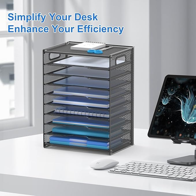 OUTWOLF 10 Tier Paper Organizer - Letter Tray Mesh Desk File Organizer with Handles for Office School Desktop, Black - Image 2