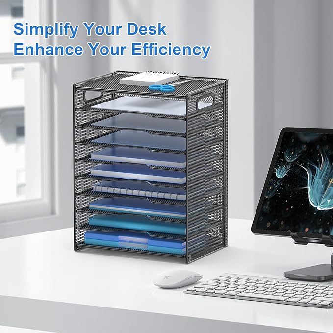 OUTWOLF 10 Tier Paper Organizer - Letter Tray Mesh Desk File Organizer with Handles for Office School Desktop, Black 2 Pack - Image 2