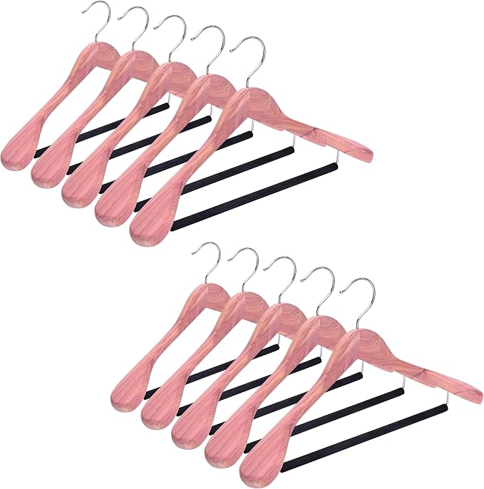 8 Pack Unfinished American Red Cedar Wooden Coat Suit Hangers with Extra Wide Shoulder, Wood Jacket Clothes Hanger with Non Slip Black Padded Pant Bar- 360°Flexible Hook, Natural by Kiesor
