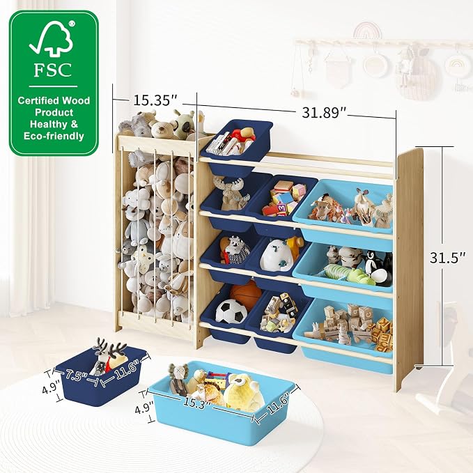 EXPERLAM Kids Toy Storage Organizer, 2-in-1 Stuffed Animal Storage & Toy Organizer w/12 Bins, Solid Wood Toy Rack Featuring Thicker Elastic Ropes, Playroom Nursery Bedroom Storage, Blue - Image 2