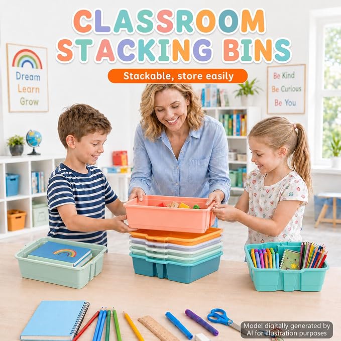 6 Pack Plastic Book Bins For Classroom Stackable Classroom Organizer with Handle Cubby Bins for School Library Office Home Nursery Playroom Organization(Boho) - Image 5