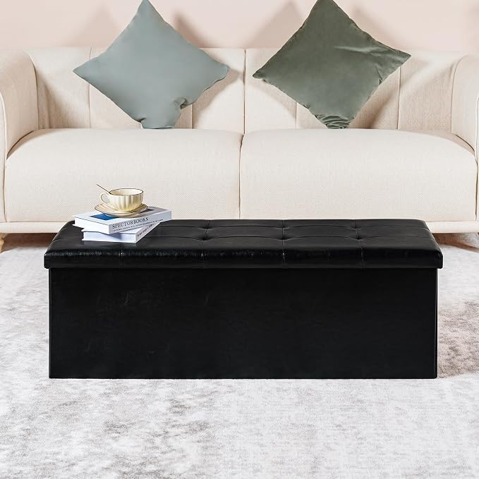 PINPLUS Folding Storage Ottoman Bench, Black Faux Leather Long Ottoman Chest, Footrest Seat, Blanket Storage for Living Room Bedroom Office Hallway, 43.3"x15"x15" - Image 9