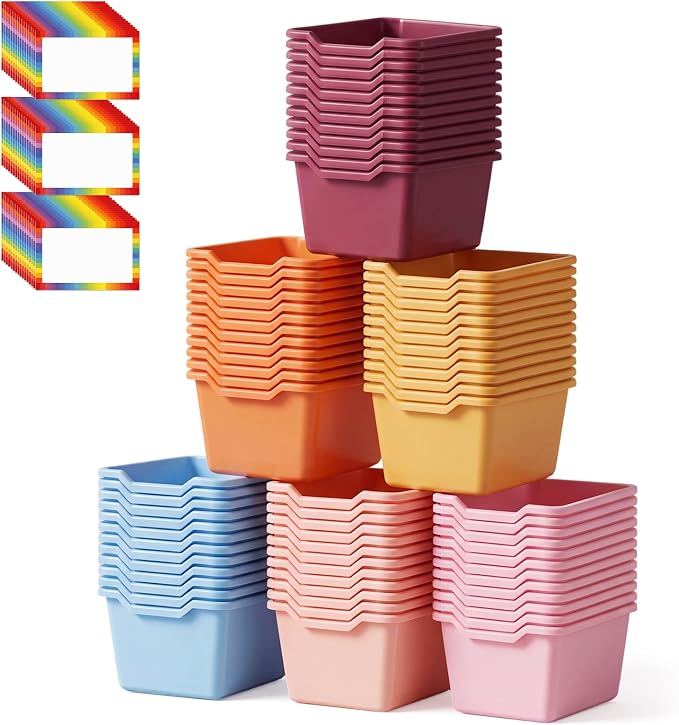 Funrous 72 Pack Plastic Cubby Bins for Classroom, Stackable Storage Bins with Rainbow Labels and Handles Cubby Organizer Containers for Teacher Supplies Home Office Daycare and Playroom (Orange) by Funrous