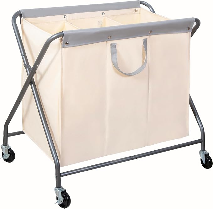 STORAGE MANIAC 160L Collapsible Laundry Hamper with Wheels, Rolling Laundry Basket, Heavy Duty Cloth Sorter with Removable Bag, Folding X Frame Clothes Organizer Cart for Easy to Store, 3 Section by STORAGEMANIAC