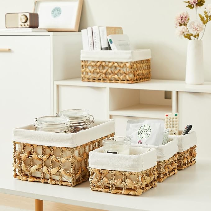 Wicker Storage Basket, Rectangular Wicker Baskets for Storage, Woven, Water Hyacinth and Seagrass Storage Baskets for Organizing, Cube Storage Bins for Closet/Clothes/Dresser, Beige, 5-Pack - Image 6