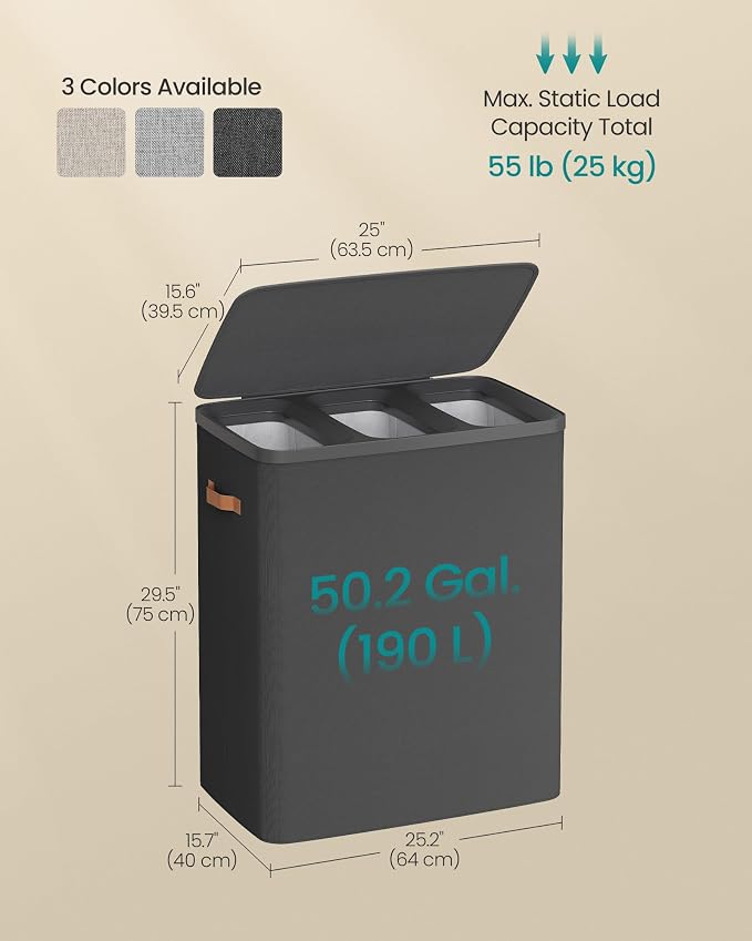 SONGMICS Laundry Basket, 50.2 Gal. Laundry Hamper, 3 Compartments, Easy Assembly, with Lid and Handles, Removable Liners, 25.2 x 15.7 x 29.5 Inches, Ink Black ULCB814BH01 - Image 6